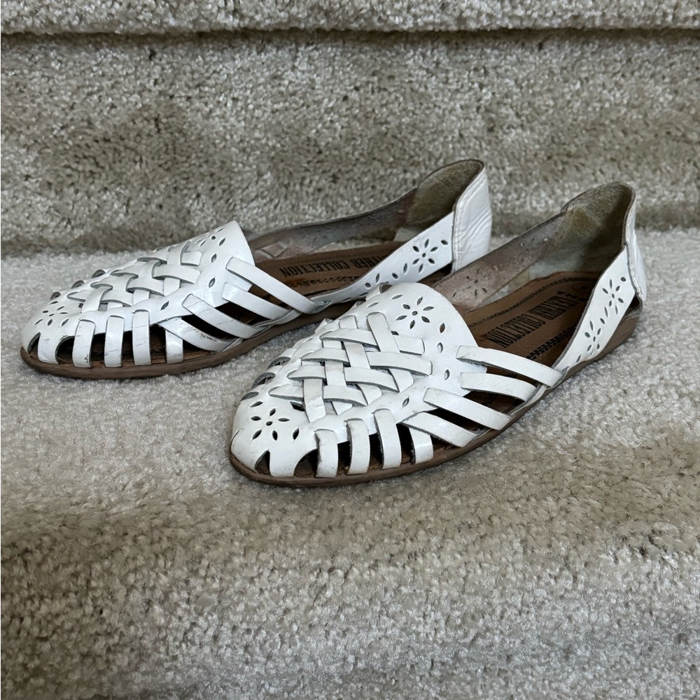 Women's White Leather Lattice Flats